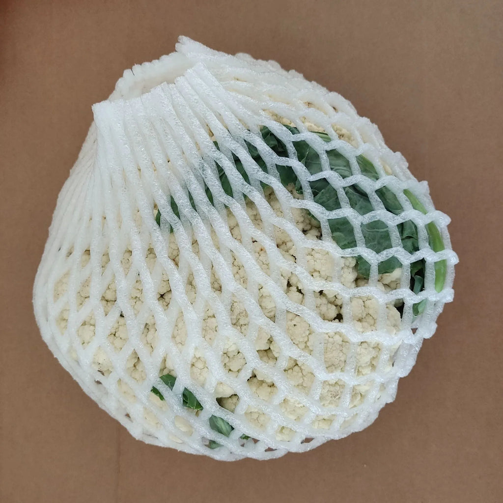 White foam fruit net cover shown with size options for shockproof fruit protection