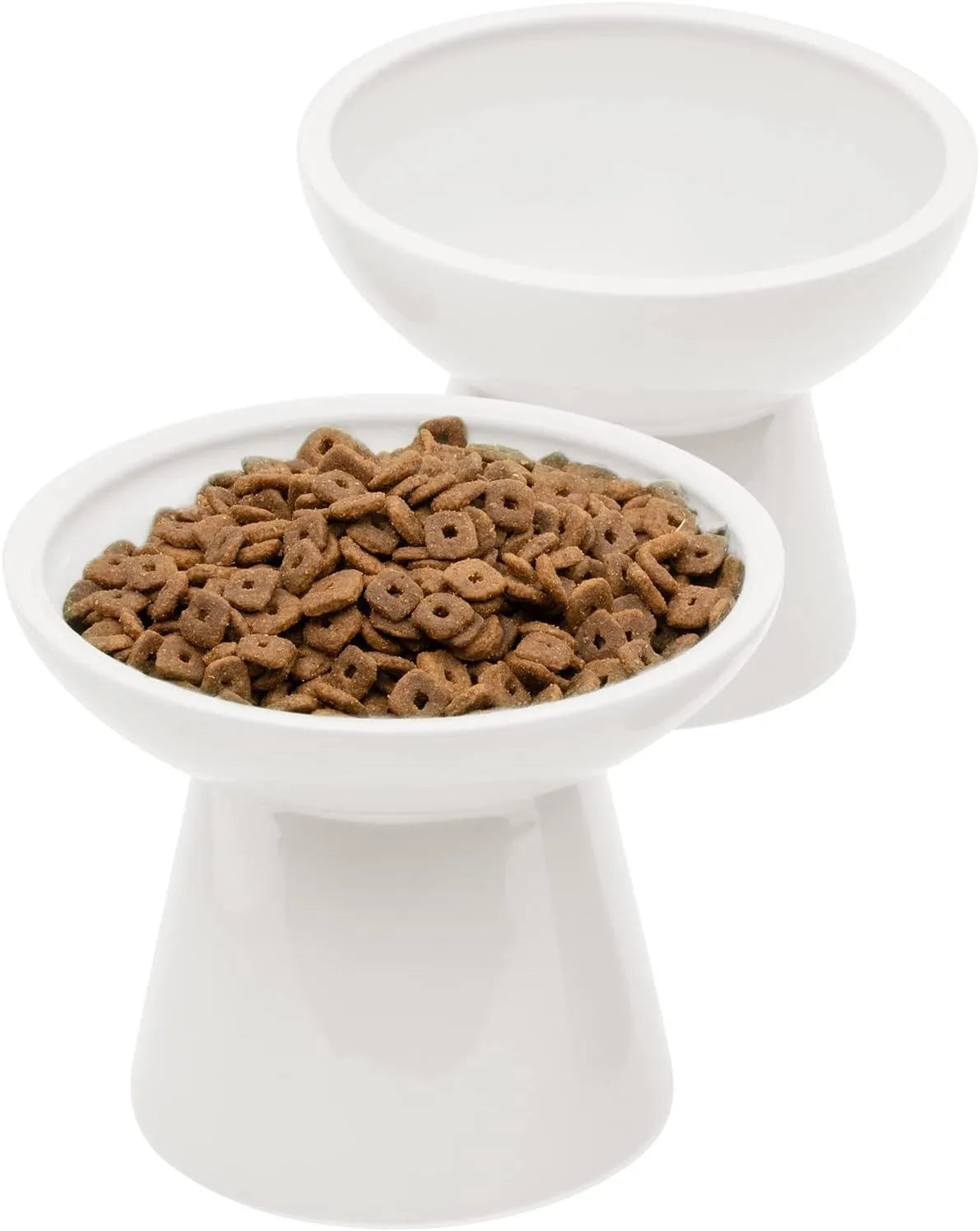 Elevated ceramic cat bowl with wide shallow dish in blue, green, pink or white colours