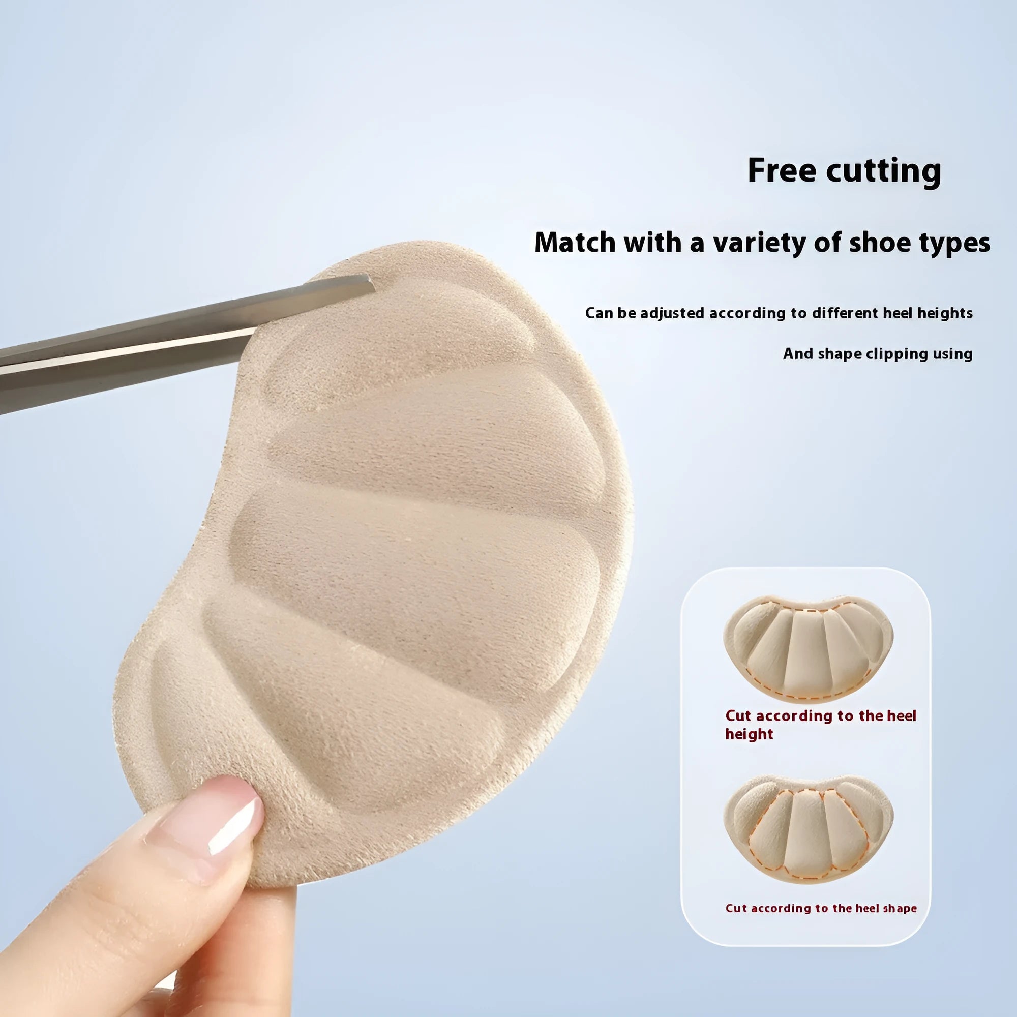 Three pairs of camel-coloured suede heel cushion pads with adhesive backing, each measuring 9.3x6cm