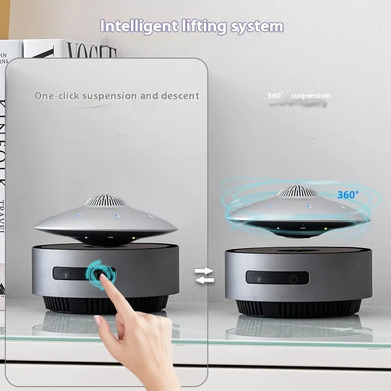 Automatic lifting magnetic levitation Bluetooth speaker floating above its base with injection-moulded ABS housing