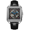 Men's square-faced automatic watch with diamond-studded bezel on a black leather strap