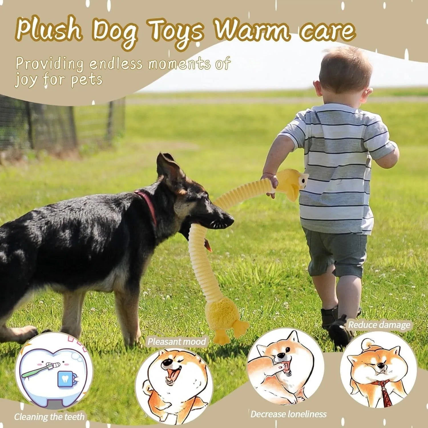 Plush stuffed dog toy with squeaker and crinkle material in brown, grey, or yellow colour