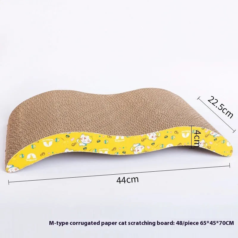 Corrugated paper cat scratch board in one of seven style options including bone type and wavy shape.