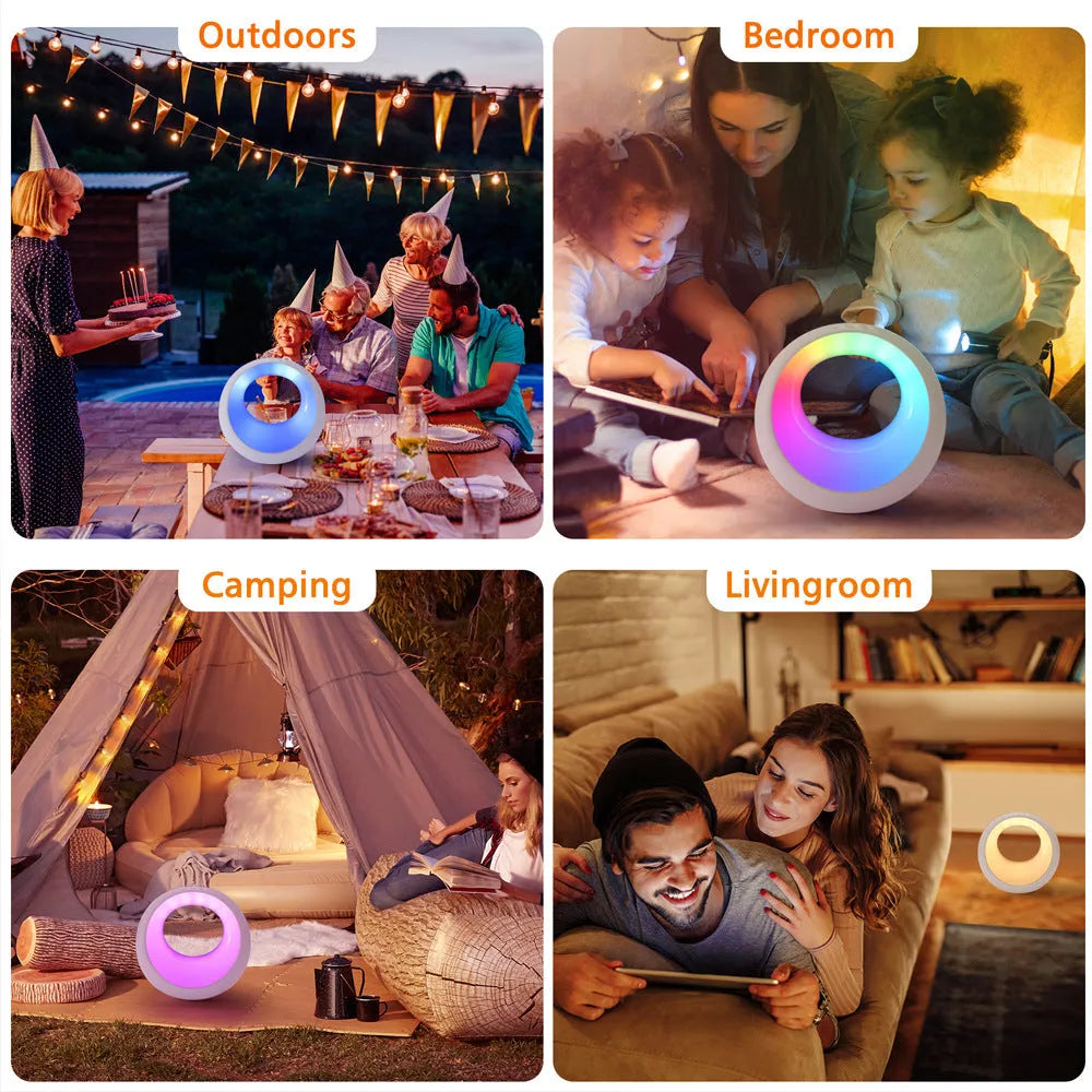 Creative Touch small RGB colour changing desk lamp with remote control on wooden surface