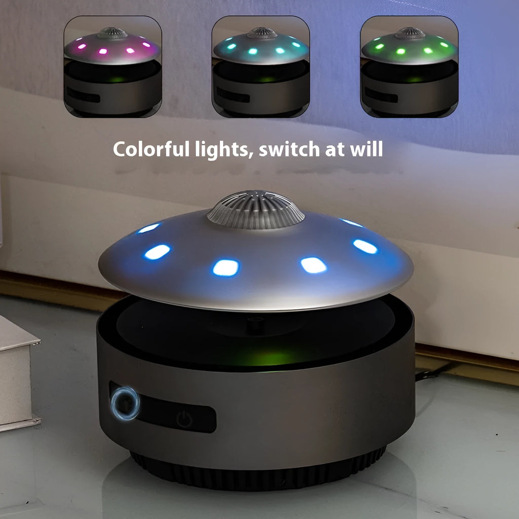 Automatic lifting magnetic levitation Bluetooth speaker floating above its base with injection-moulded ABS housing
