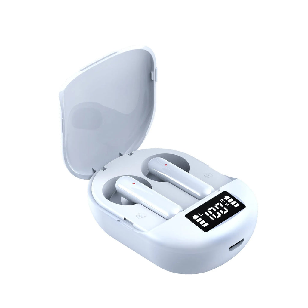 Black and white wireless Bluetooth in-ear headphones with a digital display and a matching charging case.
