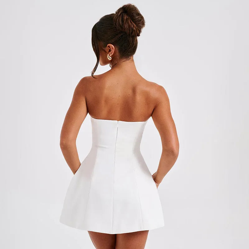 Women's solid colour backless tube dress with A-line skirt on a hanger.