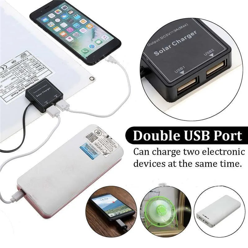 Polysilicon solar charging panel with dual USB ports for outdoor mobile phone charging.
