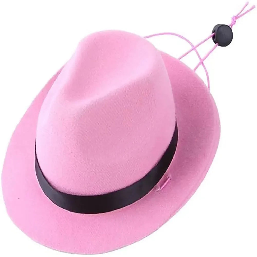 Small pet sun hat in wool felt with denim decoration, 15.5 cm diameter size for dogs or cats