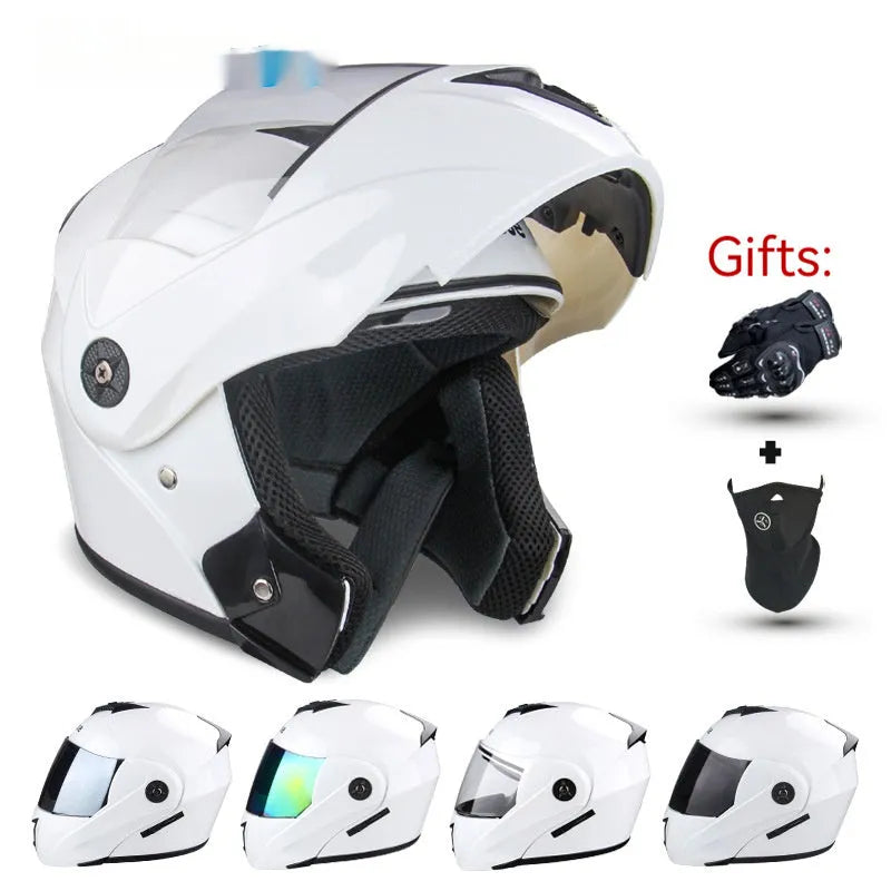 Electric motorcycle helmet with double lens exposed design, ABS plastic shell, available in S M L XL and six colours.