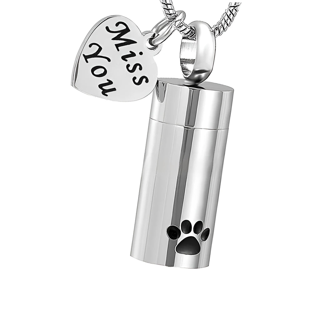 Silver cylindrical paw print ashes necklace with openable stainless steel memorial pendant