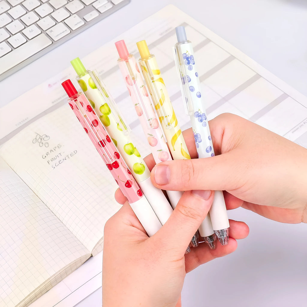 Three fruit-scented pressurised pens with 0.5mm quick-drying refills in random assortment