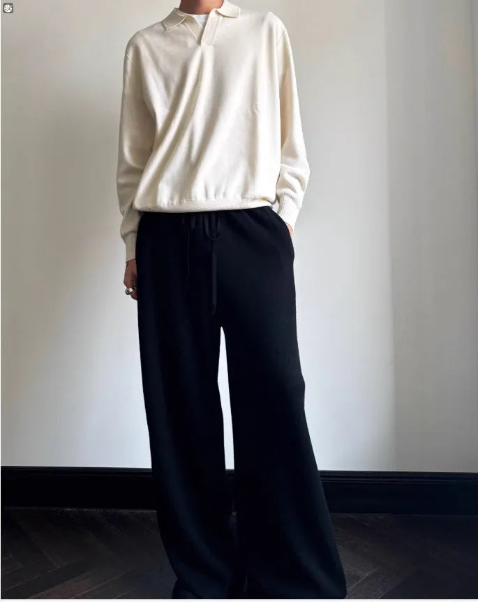 Men's pure wool polo sweater with lapel collar in milky white colour, loose fit with long sleeves
