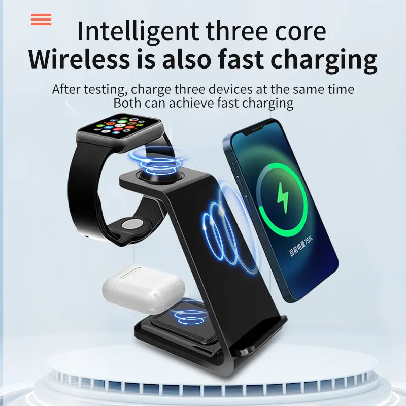 White 3-in-1 upright wireless phone charger with mobile device displayed at viewing angle