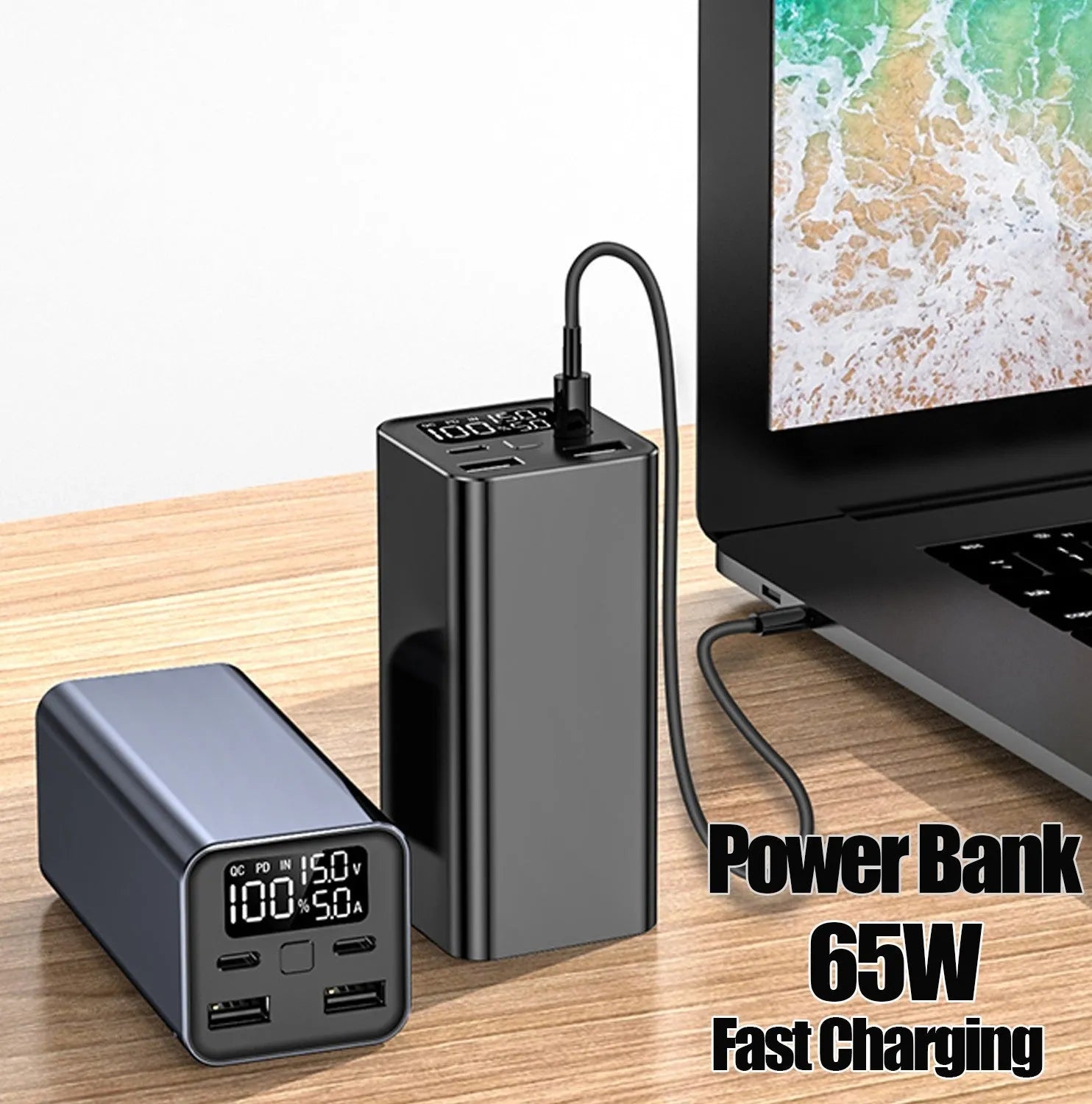 65W laptop charging bank with metal housing in black, blue or grey colours showing dimensions 47.5x104.5x47.5mm