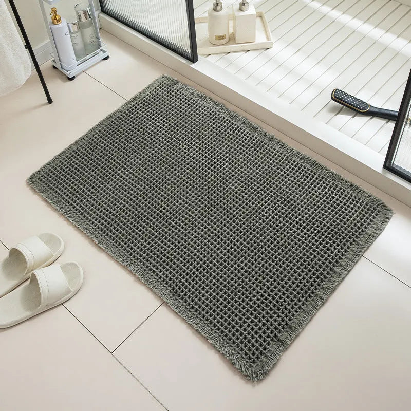 Checkered pattern non-slip absorbent bathroom floor carpet in polyester, shown in multiple colour options.
