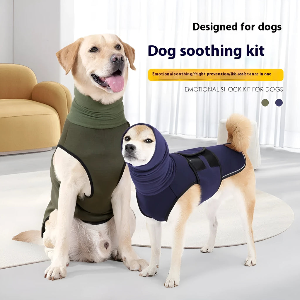 Army green dog calming anxiety relief jacket on a medium-sized dog