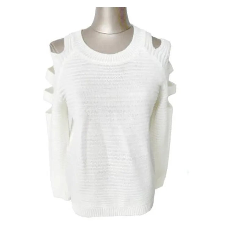 Women's white crocheted hollow-out pullover with long sleeves and textured pattern