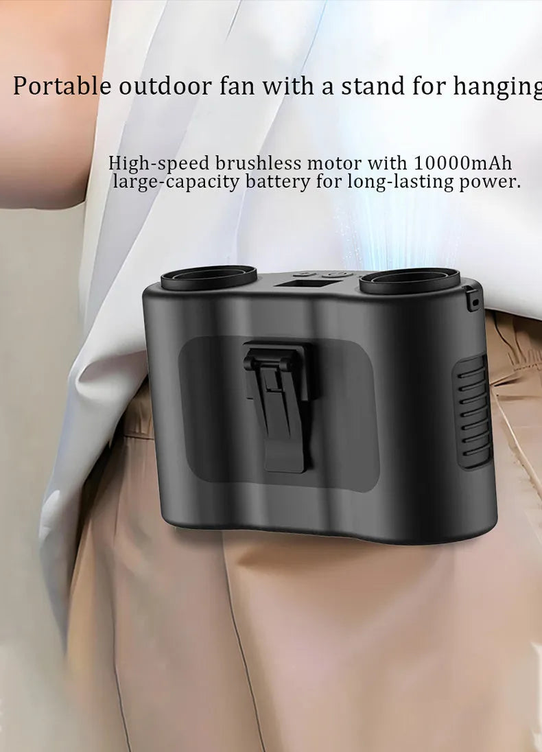 Black portable waist-hung fan with lanyard, showing top control button and air vents.