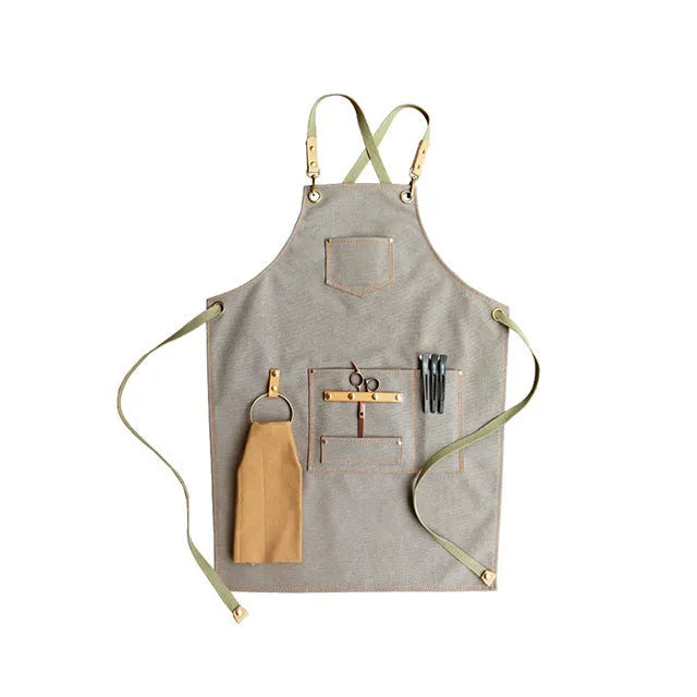 Canvas apron with cross-strap back design in camel colour for work protection