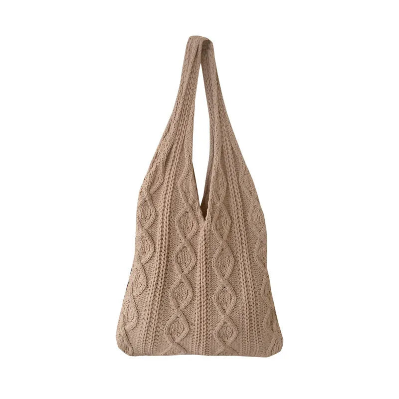 Women's retro hollow knitted woolen yarn shoulder tote bag in crochet texture with double straps