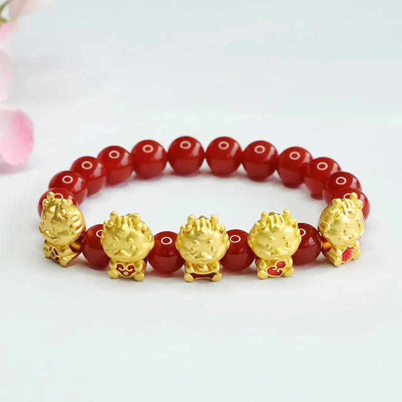 Red agate bracelet with Chinese dragon charm design showing 8mm beads