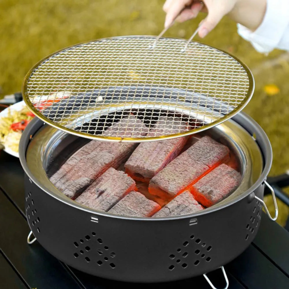 Portable stainless steel campfire grill with detachable parts, charcoal bowl, ash tray, and storage bag, white, 31cm