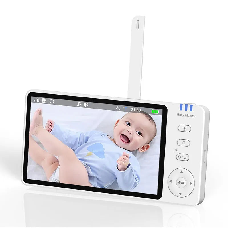 White HD wireless baby monitor with 5-inch screen showing baby nursery monitoring display