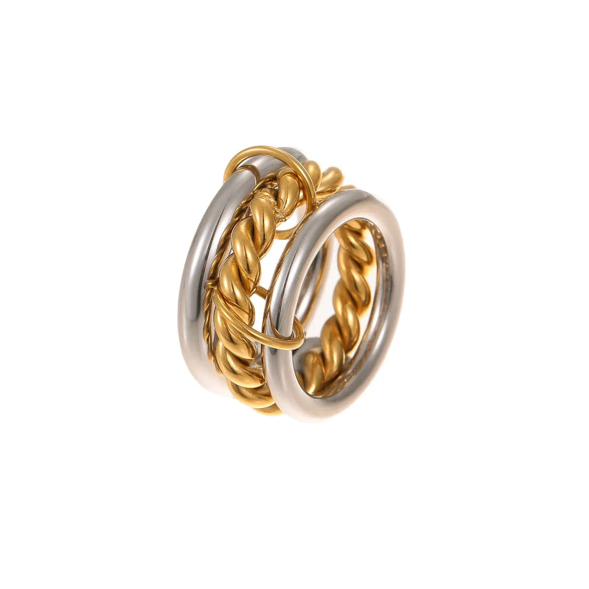 Gold plated stainless steel stacked ring set in three colour variants on a hand.