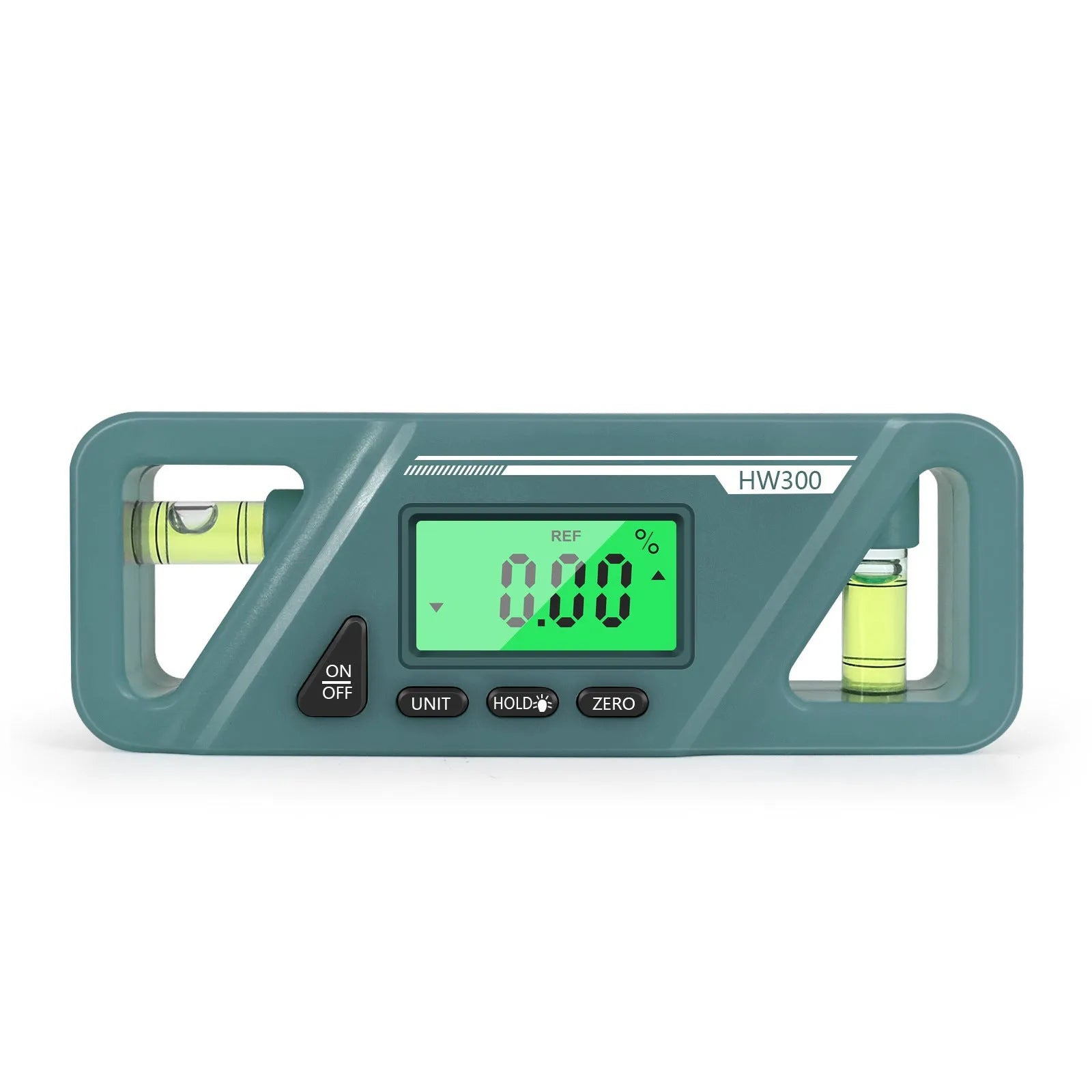 HW300 digital inclinometer level meter with magnetic base and LCD display showing angle reading.