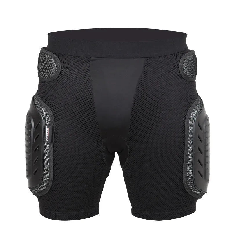 Black cycling hip protection pants with removable gel pads and adjustable leg length system