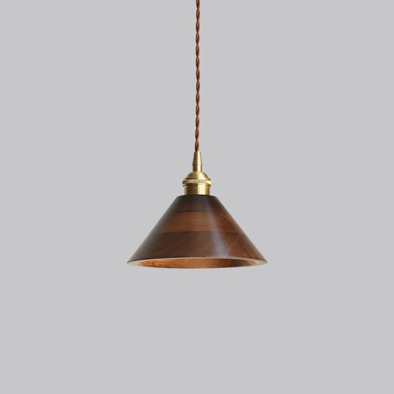 Close-up of a single-head droplight chandelier made from walnut wood art and copper, shown in one of four available colour styles.