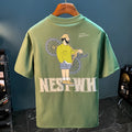 Green men's T-shirt with literary youth printed design showing loose fit short sleeves