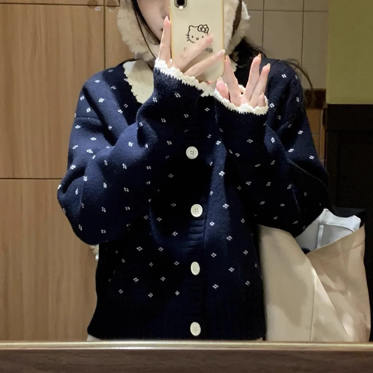 Retro Peter Pan collar floral pattern knitted cardigan coat in navy blue colour
