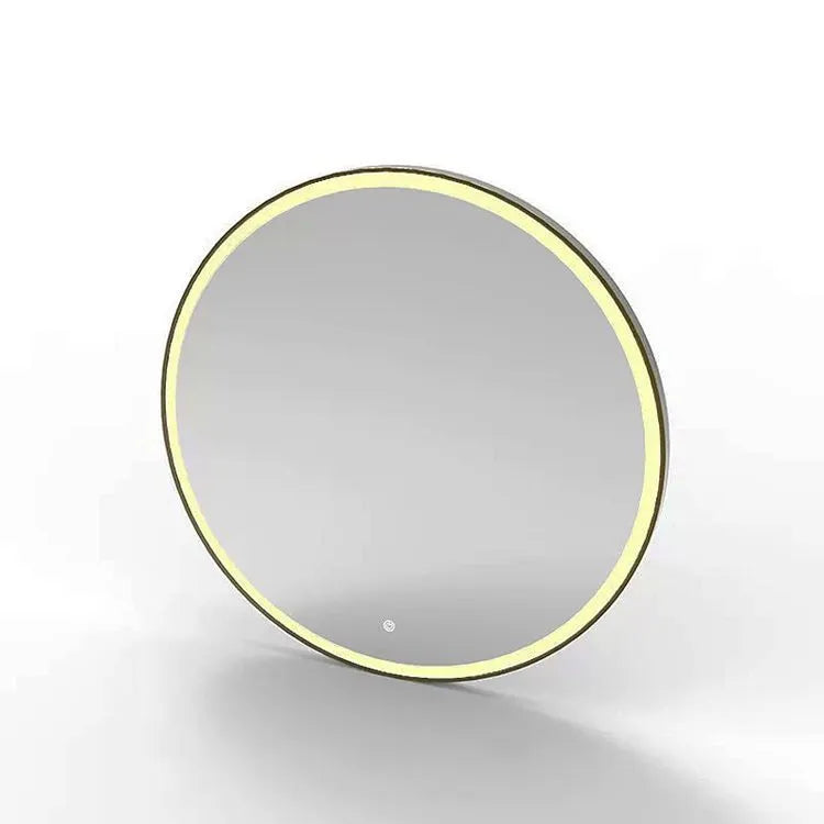 Round black aluminium alloy smart LED makeup mirror mounted on a wall with dimmable lighting.