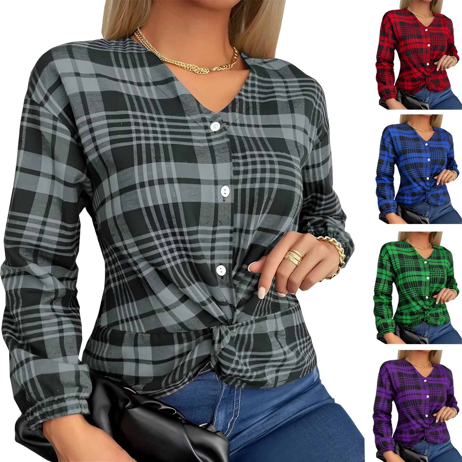 Women's loose-fit plaid casual shirt in polyester available in purple, grey, and red colours