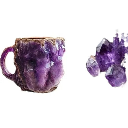 Resin mineral crystal coffee mug with handle in purple colour showing transparent construction