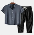 Men's floral printed cardigan-style shirt suit with matching trousers in slim fit tailoring