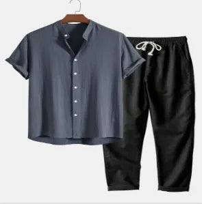 Men's floral printed cardigan-style shirt suit with matching trousers in slim fit tailoring
