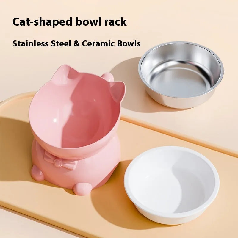 Oblique stainless steel anti-fall cat bowl shown in black, blue, pink, and yellow colours.