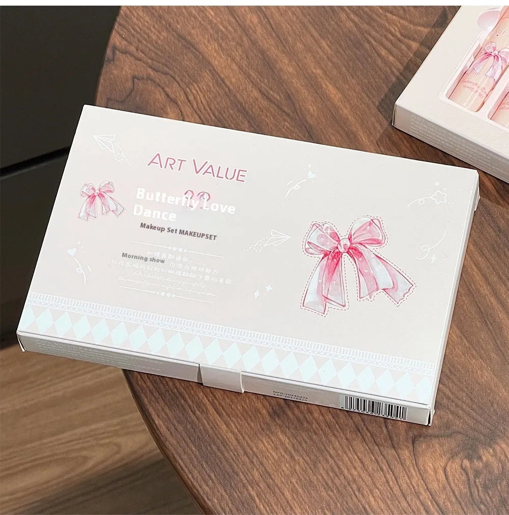 Butterfly box themed makeup set with matte lip mud, powder blusher, and necklace