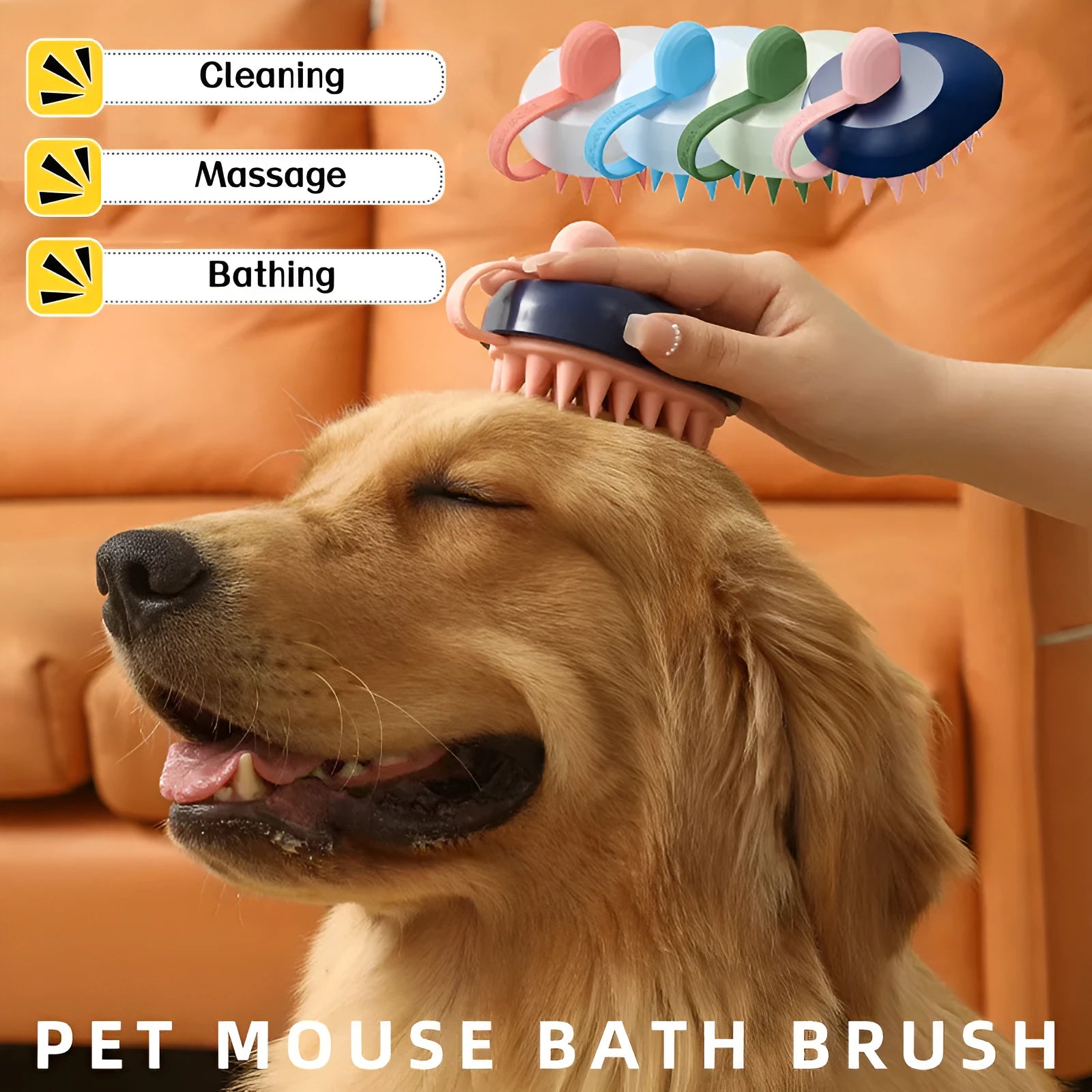 Handheld silicone pet grooming brush for dogs in light blue colour with soft bristles