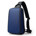 Blue Oxford cloth men's messenger chest bag with double shoulder straps on a grey background