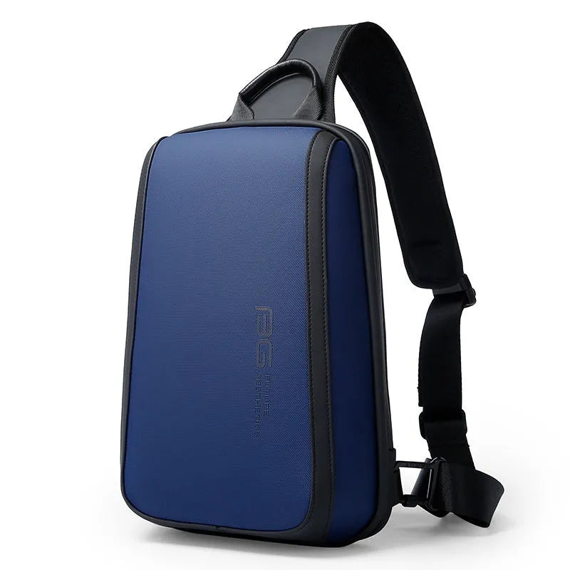 Blue Oxford cloth men's messenger chest bag with double shoulder straps on a grey background