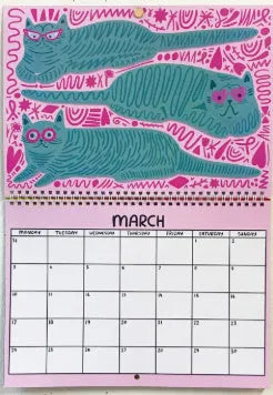 A4 paper wall calendar with cat illustrations for 2024 or 2025.