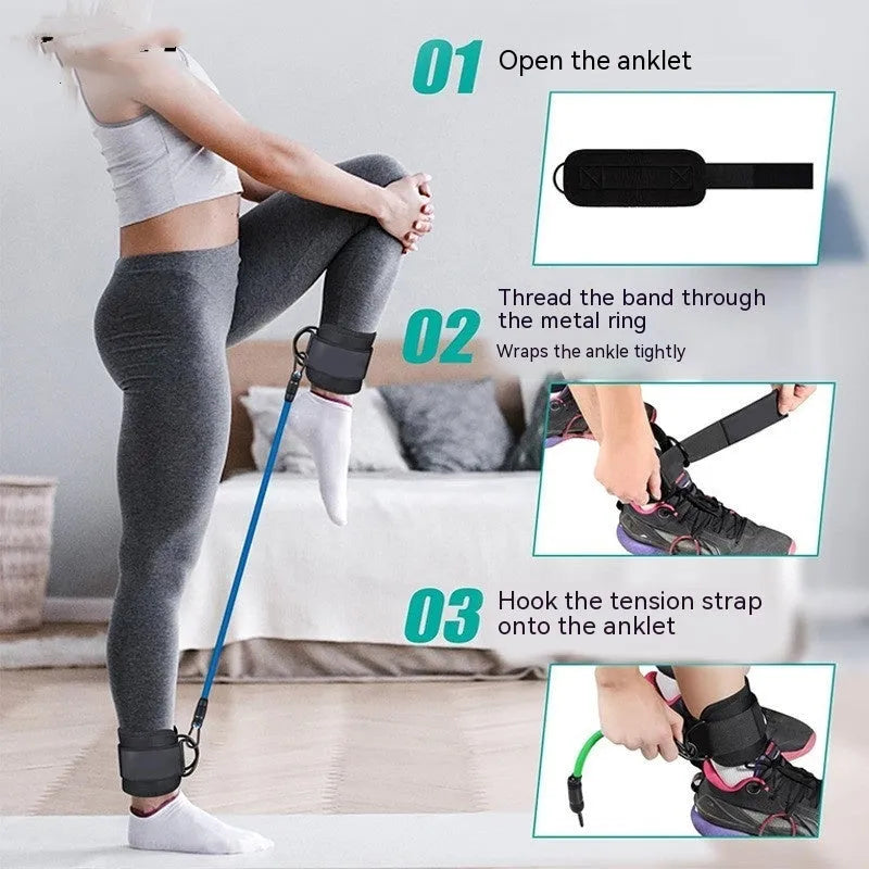 Set of three TPE resistance bands in 10lb, 20lb, and 30lb tensions with foot loops for ankle attachment