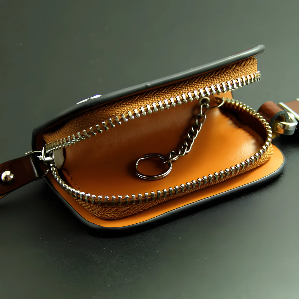 Genuine cowhide leather car key case in black with a frosted finish.