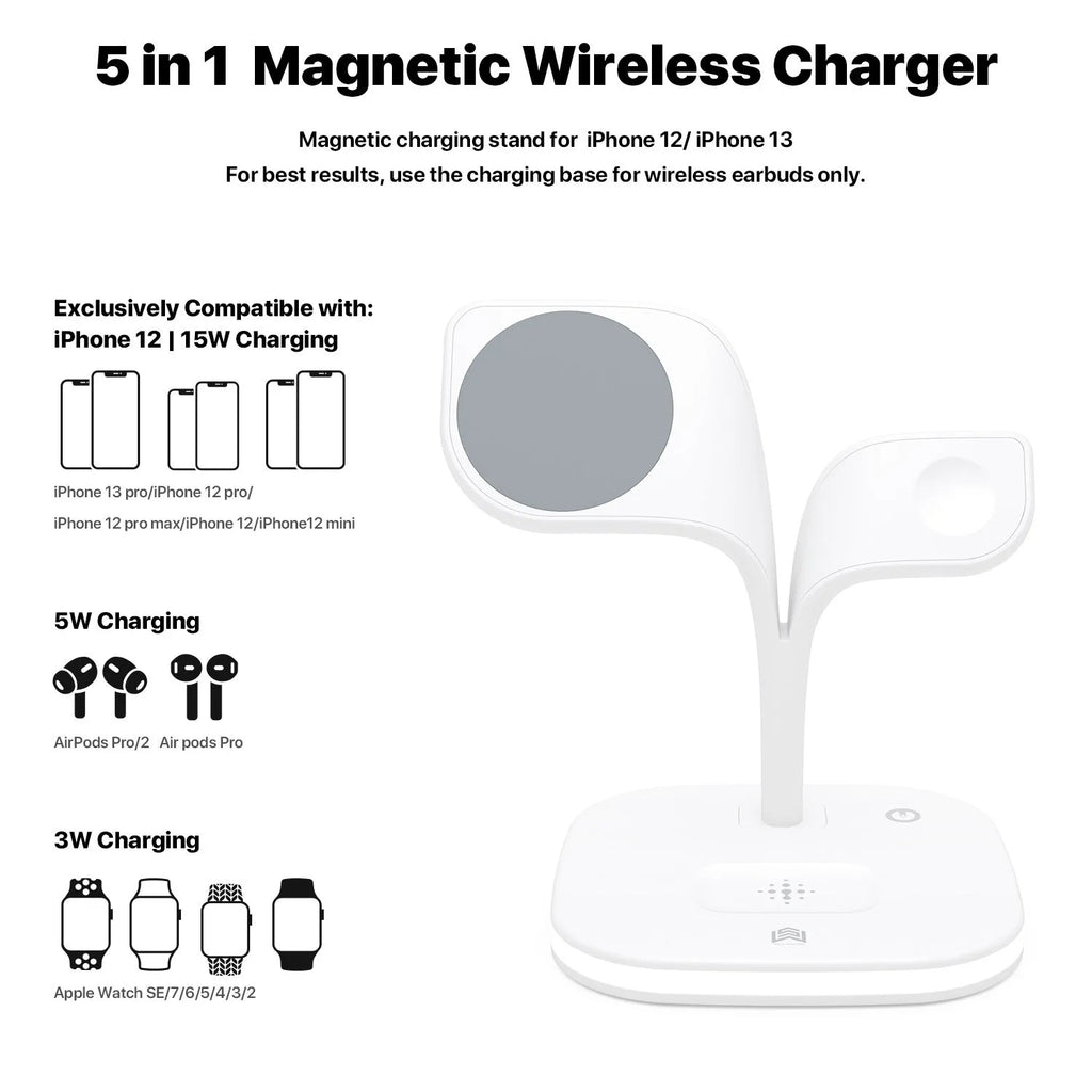 Black and white wireless charging stand for phone, watch, and headphones on a desk.