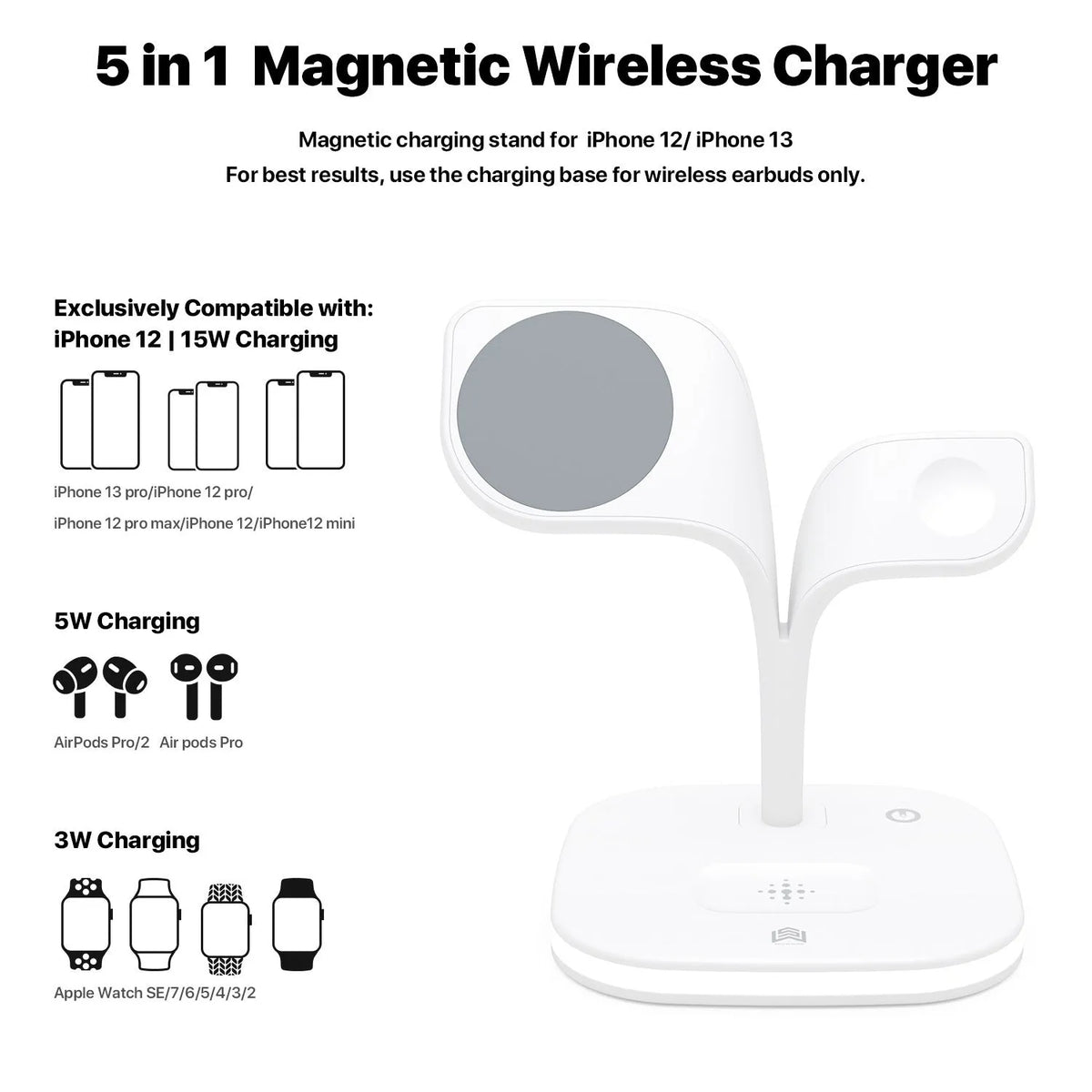 Black and white wireless charging stand for phone, watch, and headphones on a desk.