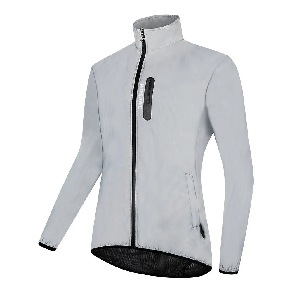 Silver waterproof polyester long sleeved work top laid flat, showing long sleeves and front zip.